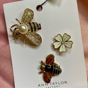 Ann Taylor Factory Bee & Flower Pin Set | Rhinestone Bumblebee Brooch